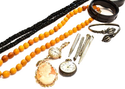 Lot 299 - Amber necklace, garnet earrings, cameo brooch,...