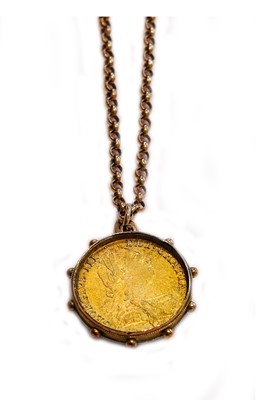 Lot 298 - A gilt metal coin pendant on chain, chain...