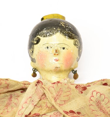 Lot 2264 - Circa 1830 Grodnertal Doll with black painted...