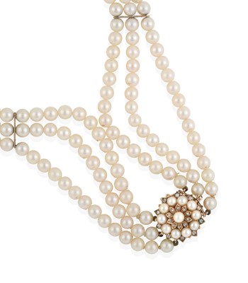 Lot 2411 - A 9 Carat Gold Three Row Cultured Pearl Choker, with A Cultured Pearl and Diamond Cluster Clasp