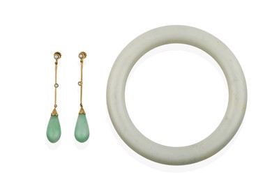 Lot 2352 - A Jade Bangle and A Pair of Split Pearl and Jade Drop Earrings