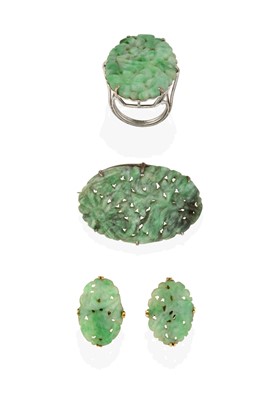 Lot 2350 - A Jade Ring, Brooch and Earrings