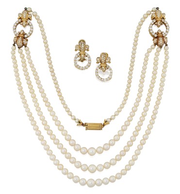 Lot 2286 - An 18 Carat Gold Cultured Pearl and Diamond Necklace, by Hennell and A Pair of Matching Drop Earrings