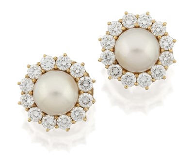 Lot 2282 - A Pair of 18 Carat Gold Cultured Pearl and Diamond Earrings
