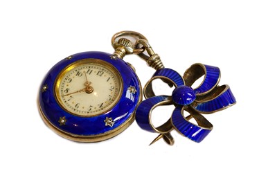 Lot 155 - A lady's enamel fob watch and enamel brooch