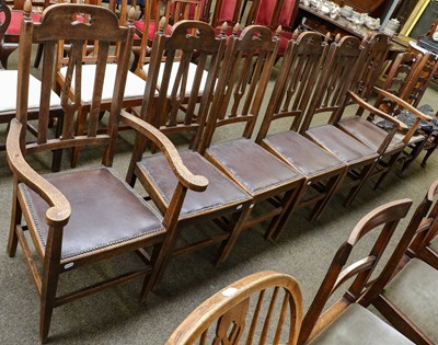 Lot 1251 - Set of six Edwardian oak slat back dining...