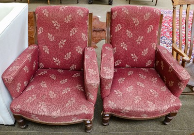 Lot 1261 - Pair of Edwardian oak framed and upholstered...