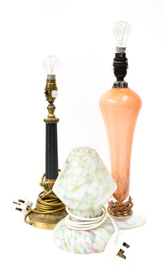 Lot 308 - Art Deco glass lamp, Swedish column table lamp...