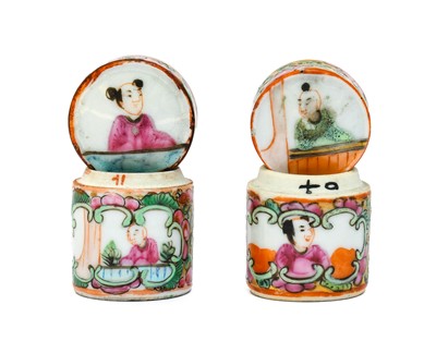 Lot 146 - A Pair of Cantonese Porcelain Ointment Pots...