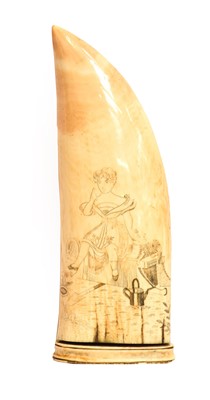 Lot 70 - A late 19th century whale tooth with scrimshaw...