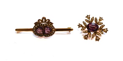 Lot 236 - Two amethyst and split pearl brooches, lengths...