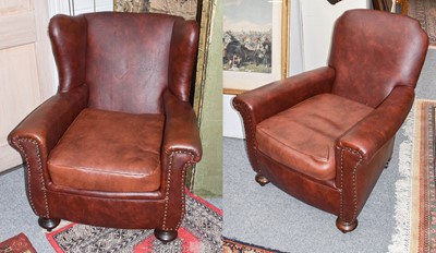 Lot 1176 - Two 1920's armchairs, later covered in studded...