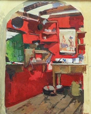 Lot 1106 - Caroline Romer (b.1955) The Red Kitchen Signed,...