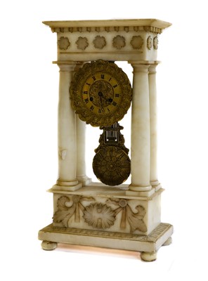 Lot 406 - An alabaster portico striking mantel clock,...