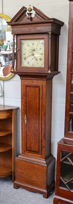 Lot 1264 - An oak thirty hour longcase clock, 12" square...