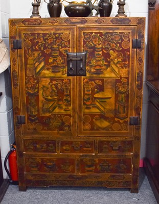 Lot 1149 - A Chinese red lacquer painted two door cabinet,...