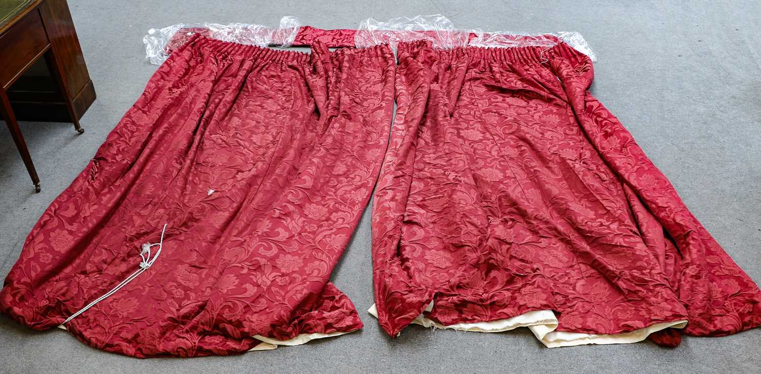 Lot 1417 - A pair of modern red brocade curtains, lined...