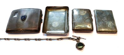 Lot 185 - Three cigarette-cases, a watch chain with fob...