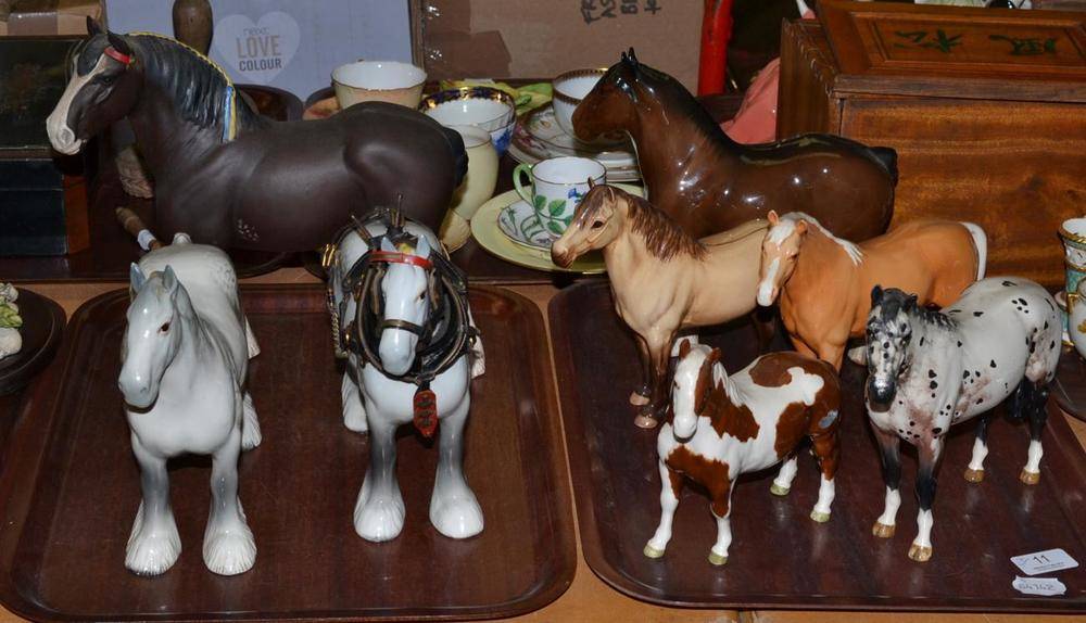 Lot 11 - Eights Beswick horses including two Grey Shires (harnessed & un-harnessed), Appaloosa, Palomino etc