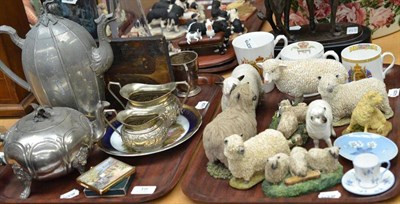 Lot 19 - Sheep figures, glass vases, plated ware, etc on two trays