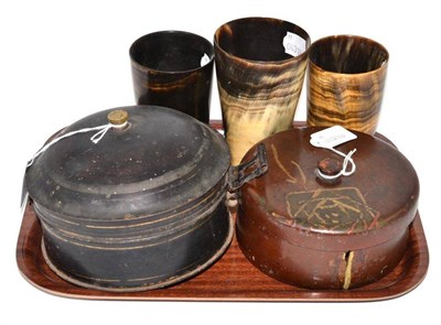 Lot 23 - Circular spice tin, three horn beakers and a lacquer box (cracked)