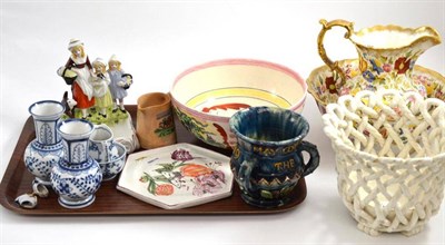 Lot 31 - Crown Devon lustre bowl, reproduction Yardley advertising group, art pottery posset pot, a jug...