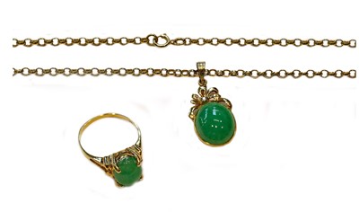 Lot 191 - A jade type pendant on an 18 carat gold chain;...