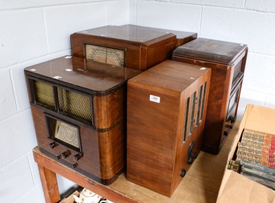 Lot 389 - Five valve radios including Marconi and HMV (5)