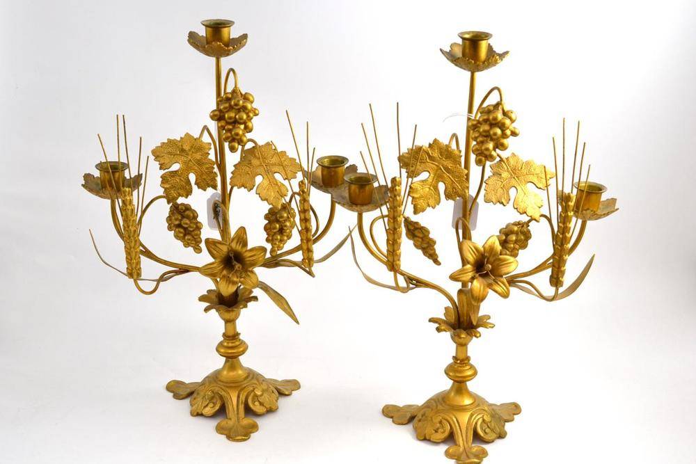 Lot 42 - Lacquer tray and a pair of gilt metal candlesticks