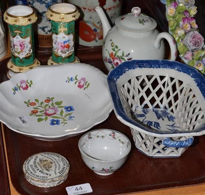 Lot 44 - Continental floral encrusted mirror, 18th century tea bowl and teapot, pearlware basket, pair...