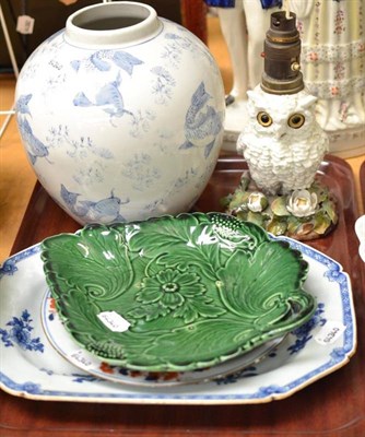 Lot 45 - A Continental ";owl"; lamp; Chinese blue and white meat dish and three other pieces