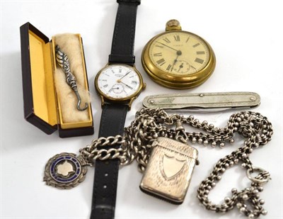 Lot 54 - A silver vesta case, two chains, a pen knife, small button hook, Rotary wristwatch, pocket...