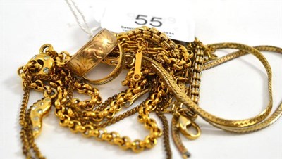 Lot 55 - 9ct gold band ring, another band ring, plated locket and costume chains