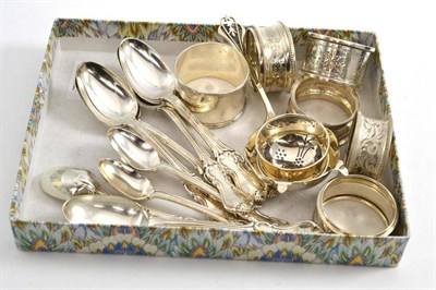 Lot 66 - Six silver Hourglass pattern teaspoons, London 1848, three other, seven silver napkin rings and...
