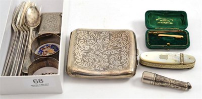 Lot 68 - A silver cigarette case, two silver napkin rings, silver vesta, six silver cake forks, plated...