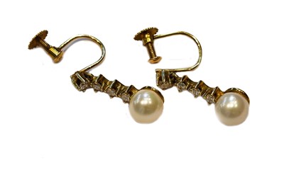 Lot 218 - A pair of cultured pearl and diamond drop...