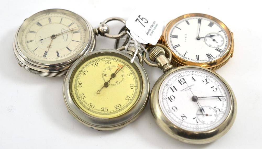 Lot 75 - A silver chronograph pocket watch, nickel plated; a single push stopwatch with board arrow...