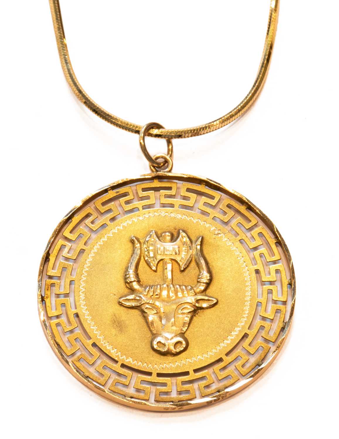 Lot 247 - A Greek pendant on chain, both stamped '585',...