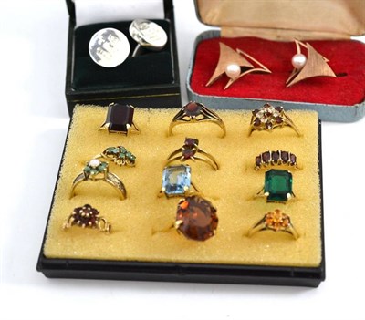 Lot 79 - Twelve assorted dress rings, a pair of asymmetric cufflinks stamped ";10K"; and another pair of...