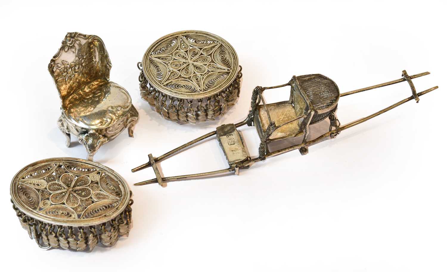 Lot 127 - Four Silver Miniature Toys, comprising: a...