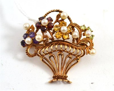 Lot 82 - A 9ct gold cultured pearl and gemstone set basket brooch