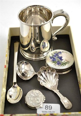 Lot 89 - A silver christening mug, a Georg Jenson silver spoon with silver import mark 925, two silver caddy