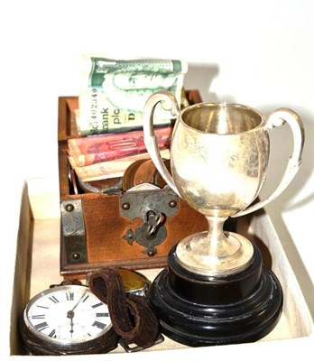 Lot 91 - A silver trophy cup, pocket watch, wristwatch and collection of coins