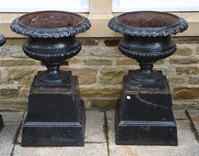 Lot 1336 - A pair of painted cast iron garden urns, with...