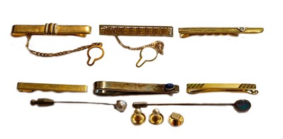 Lot 168 - A 9 carat gold tie clip; a tie clip stamped...