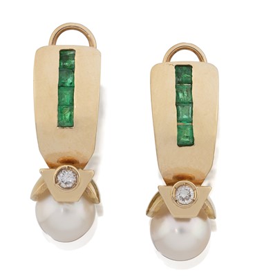 Lot 2124 - A Pair of Emerald, Diamond and Cultured Pearl Earrings