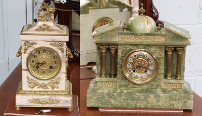 Lot 400 - A green onyx striking mantel clock and another...