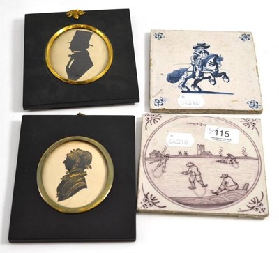 Lot 115 - Two Dutch tin glazed tiles and two silhouetted (4)