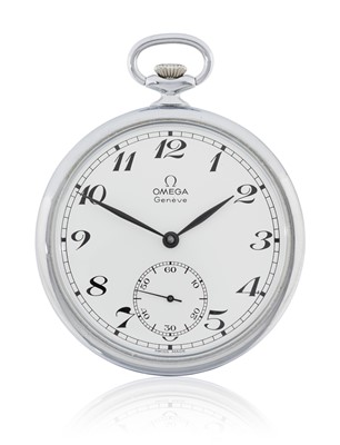 Lot 2382 - Omega: A Stainless Steel Open Faced Pocket Watch