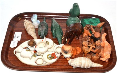 Lot 117 - Small Sabino dog, assorted miniatures and hardstone animals, malachite box etc